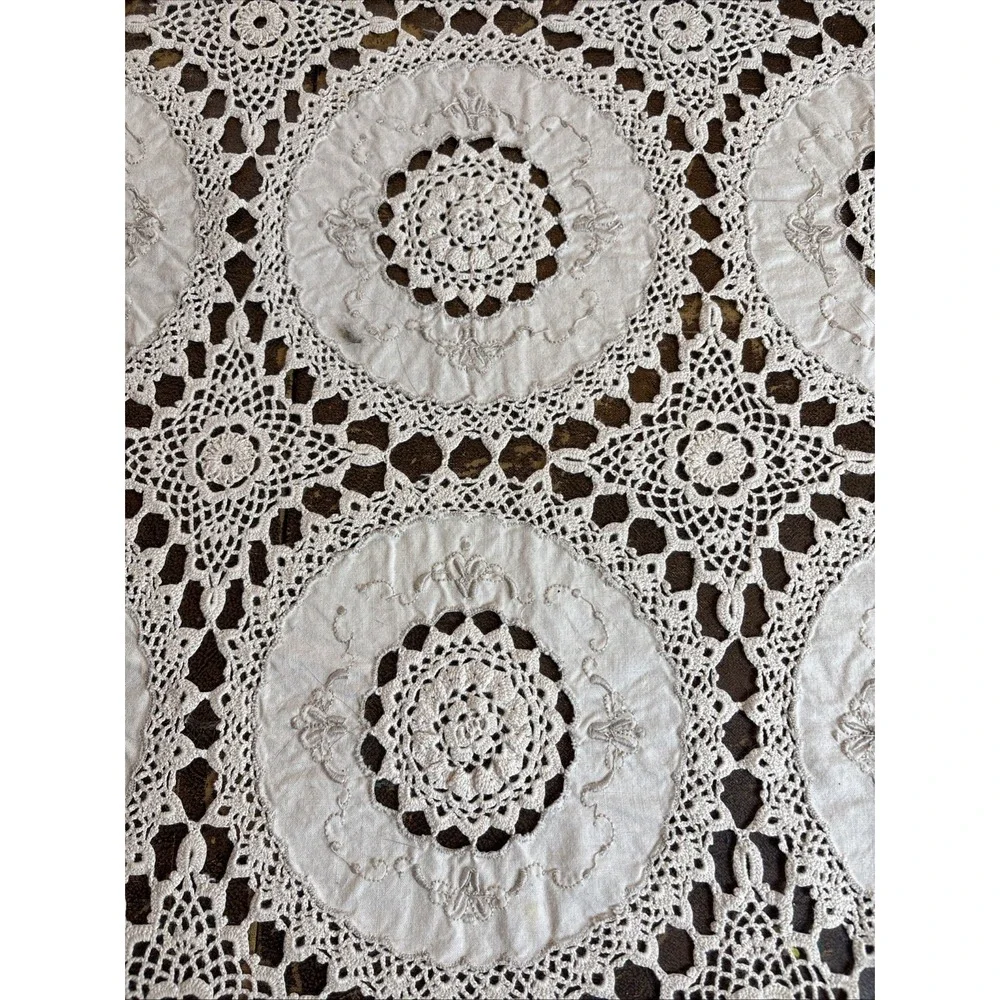 Vintage Hand Crochet Lace Linen Embroidered Banquet Tablecloth Heirloom 113x60